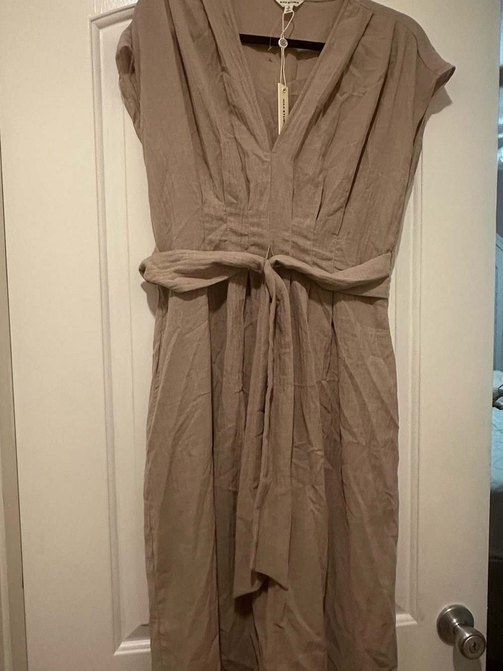Max Studio Taupe V-Neck Tie-Waist Midi Dress- Size S